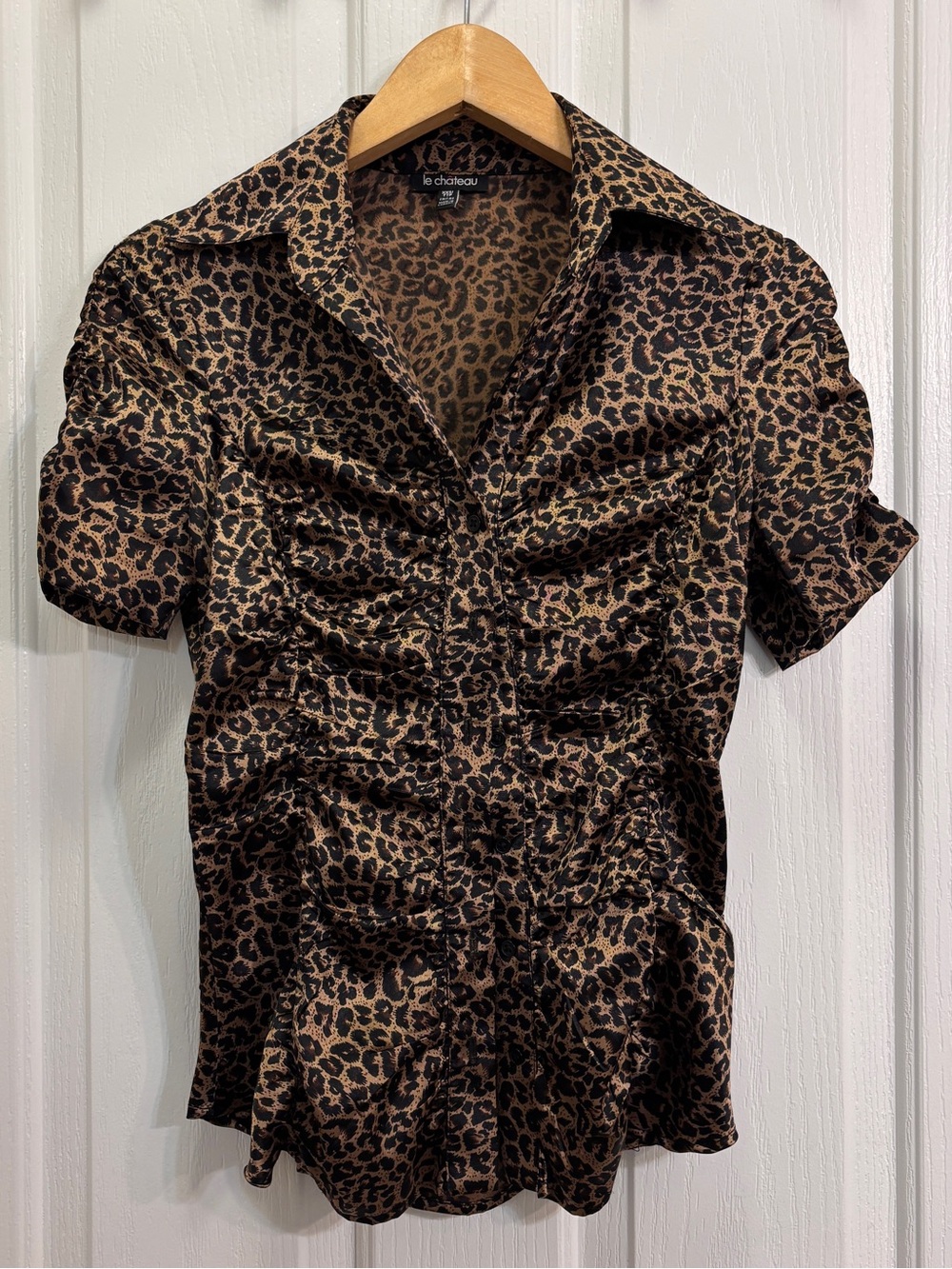 Le Chateau Leopard Print Ruched Button-Up Shirt